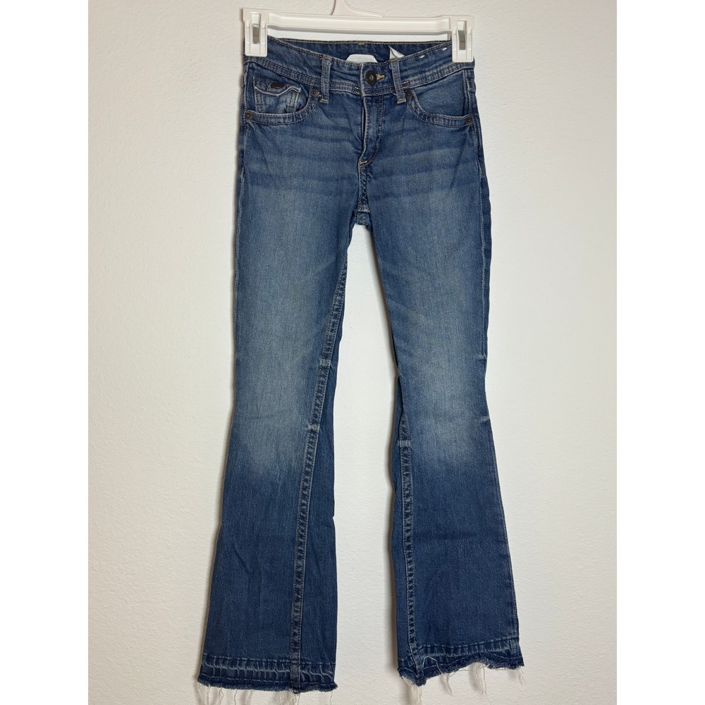 HM Girls Blue Low Waist Flared Leg Raw Hem Jeans Size 10 Medium Wash